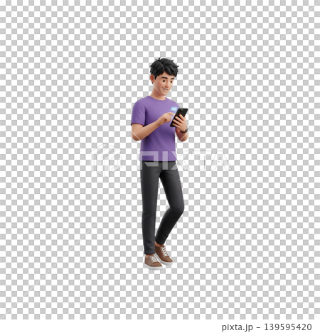 3D young man in purple t-shirt using smartphone and browsing social media isolated 3D young man in purple t-shirt using smartphone and browsing social media isolated 139595420