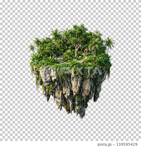 Floating tropical island with lush green jungle and palm trees isolated Floating tropical island with lush green jungle and palm trees isolated 139595429