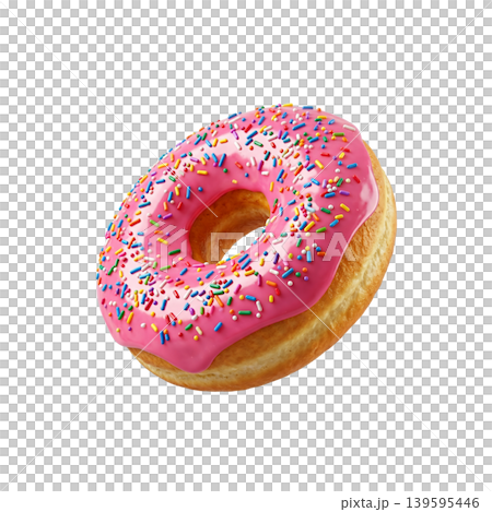 Delicious glazed donut with pink strawberry frosting and colorful sprinkles isolated 139595446