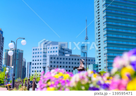 福岡市早良区百道浜よかトピア橋付近から西の景色 青空ときれいな花と福岡タワー 福岡市早良区百道浜よかトピア橋付近から西の景色 青空ときれいな花と福岡タワー 139595471
