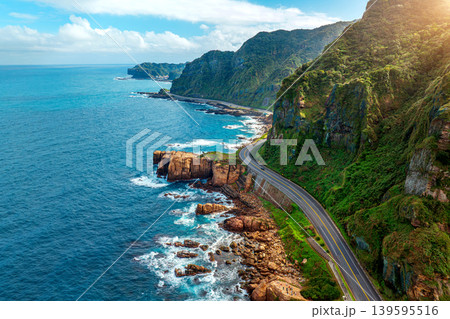 Aerial shot of Road near coast at Nanya rock in Taiwan. 139595516