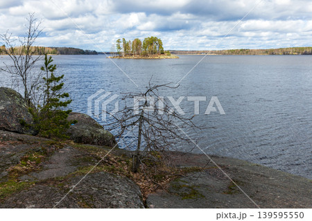 A quiet rocky shoreline looks out across a calm lake to a small tree-covered island 139595550
