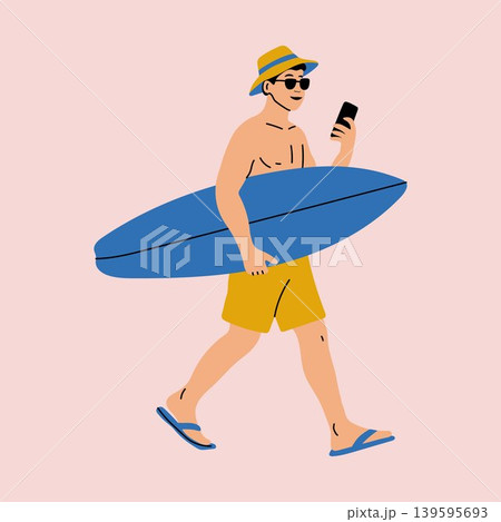 Summer Man Walking with Pool Float Illustration Summer Man Walking with Pool Float Illustration 139595693