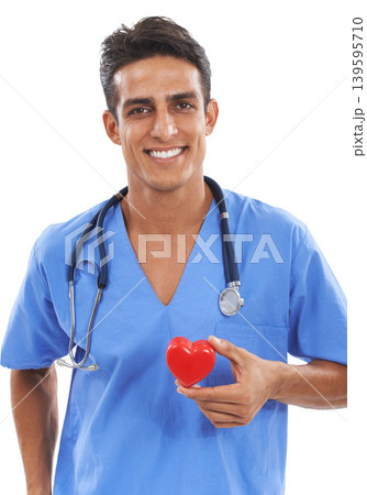 Nurse, portrait and heart for healthcare in studio, trust and support in medical service. Male professional, emoji and icon by white background, face and smiling for cardiology wellness or sign Nurse, portrait and heart for healthcare in studio, trust and support in medical service. Male professional, emoji and icon by white background, face and smiling for cardiology wellness or sign 139595710