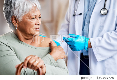 Doctor, vaccine and elderly woman in home for safety, virus prevention or medical wellness with cane. Healthcare worker, senior person and injection for immunity, disease protection or medicine 139595720