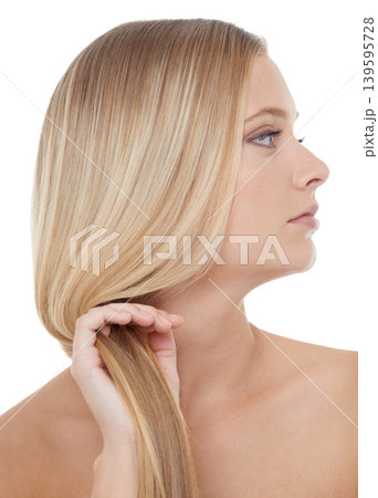 Woman, hair care and beauty with cosmetic in studio for natural glow, keratin treatment or shampoo shine. Model, person and confidence with skincare, collagen texture or hairstyle on white background Woman, hair care and beauty with cosmetic in studio for natural glow, keratin treatment or shampoo shine. Model, person and confidence with skincare, collagen texture or hairstyle on white background 139595728