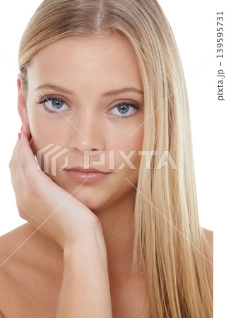 Woman, portrait and beauty with cosmetics in studio for hair care, treatment and shampoo shine. Model, person and confidence with skincare, collagen texture and hairstyle on white background 139595731
