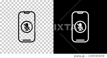 マイクオフのマークが表示されたスマホ画面のアイコン。白い線と黒い線のモノクロベクターイラストセット マイクオフのマークが表示されたスマホ画面のアイコン。白い線と黒い線のモノクロベクターイラストセット 139595859