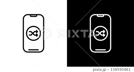 シャッフル再生マークが表示されたスマホ画面のラインアイコン。白い線と黒い線のモノクロベクターイラスト シャッフル再生マークが表示されたスマホ画面のラインアイコン。白い線と黒い線のモノクロベクターイラスト 139595861