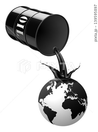 Oil flows from a black metal barrel onto the planet. Oil is dripping on Earth. Concept of ecology pollution. Isolated on white background. Realistic 3d Vector illustration Oil flows from a black metal barrel onto the planet. Oil is dripping on Earth. Concept of ecology pollution. Isolated on white background. Realistic 3d Vector illustration 139595897