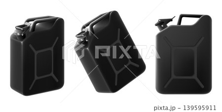 Benzine canister black set isolated on white background. Petrol tank filled symbol. Fuel canister. Gasoline gallon icon. Diesel jerrycan. Realistic 3d vector illustration 139595911
