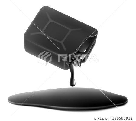 Gasoline canister with a spilling fuel. Oil is spilling from the black Benzine canister. harmful puddle of petroleum products. harmful puddle of petroleum products. Realistic 3d vector illustration 139595912