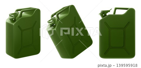 Canister for gasoline and diesel fuel isolated on a white background. Close-up of a 20 liter green Jerry Can. Realistic 3d Vector illustration. 139595918