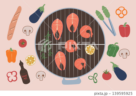 Top View Grill. Salmon Shrimp Vegetables Rosemary Top View Grill. Salmon Shrimp Vegetables Rosemary 139595925