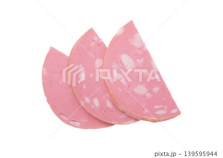 mortadella ham slices isolated on white 139595944