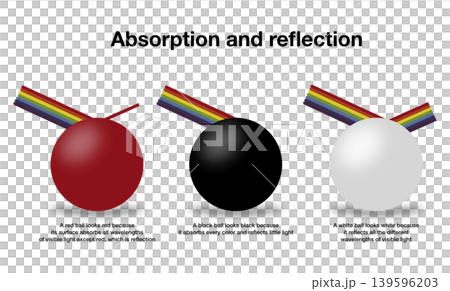 Physics infographic showing light absorption and reflection on red, black, and white surfaces. Educational illustration explaining how objects appear in different colors to human eyes Physics infographic showing light absorption and reflection on red, black, and white surfaces. Educational illustration explaining how objects appear in different colors to human eyes 139596203