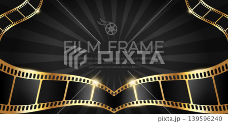 Luxury film premiere banner with curved golden filmstrip frame on black background. Vector illustration Luxury film premiere banner with curved golden filmstrip frame on black background. Vector illustration 139596240