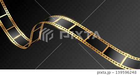 Long shiny golden curved filmstrip on dark background. Movie film concept template. Vector illustration Long shiny golden curved filmstrip on dark background. Movie film concept template. Vector illustration 139596248
