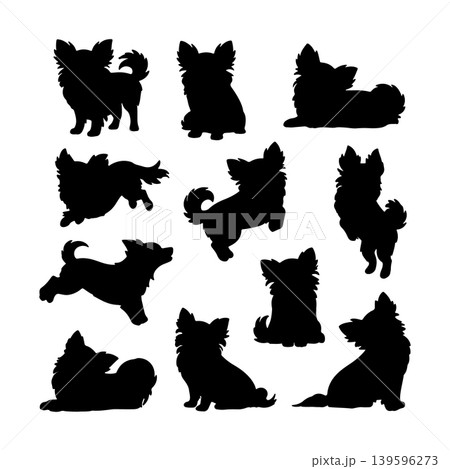 Chihuahua silhouettes in various poses creating an eye-catching pattern for decoration or craft projects Chihuahua silhouettes in various poses creating an eye-catching pattern for decoration or craft projects 139596273