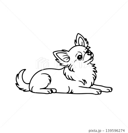 Cute chihuahua lying down with alert expression in a simple outline drawing style Cute chihuahua lying down with alert expression in a simple outline drawing style 139596274