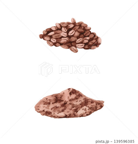 A watercolor illustration of a pile of coffee beans and ground coffee. The image conveys the naturalness of the product. Ideal for cafe menus, packaging, coffee websites, and recipe illustrations. A watercolor illustration of a pile of coffee beans and ground coffee. The image conveys the naturalness of the product. Ideal for cafe menus, packaging, coffee websites, and recipe illustrations. 139596385