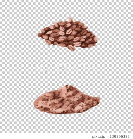 A watercolor illustration of a pile of coffee beans and ground coffee. The image conveys the naturalness of the product. Ideal for cafe menus, packaging, coffee websites, and recipe illustrations. 139596385