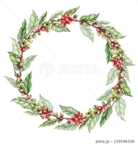 A round frame of branches and ripening coffee beans. The watercolor illustration conveys freshness and naturalness. Ideal for cafe menus, packaging, coffee websites, and recipe illustrations. A round frame of branches and ripening coffee beans. The watercolor illustration conveys freshness and naturalness. Ideal for cafe menus, packaging, coffee websites, and recipe illustrations. 139596386