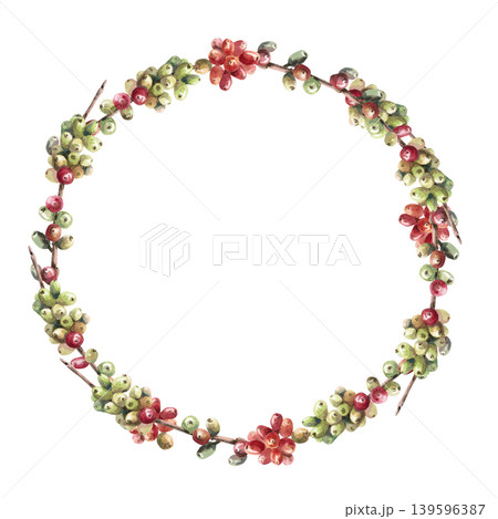 A wreath of ripening coffee beans. This watercolor illustration conveys freshness and naturalness. Ideal for cafe menus, packaging, coffee websites, and recipe illustrations. 139596387