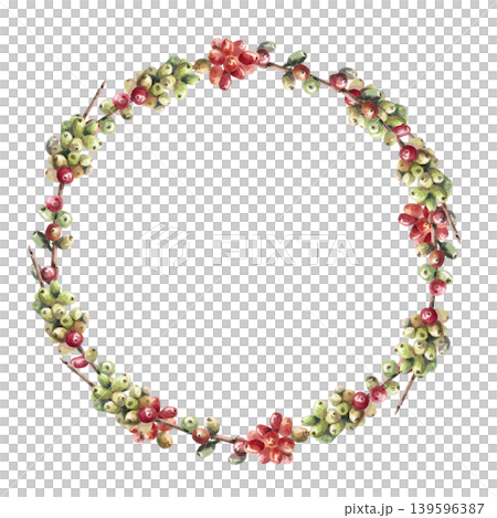 A wreath of ripening coffee beans. This watercolor illustration conveys freshness and naturalness. Ideal for cafe menus, packaging, coffee websites, and recipe illustrations. 139596387