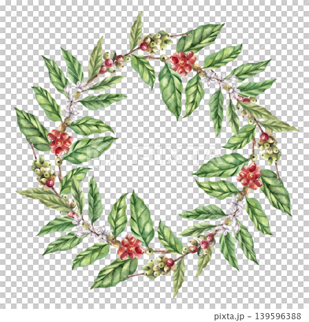 A wreath of branches and ripening coffee beans. This watercolor illustration conveys freshness and naturalness. Ideal for cafe menus, packaging, coffee websites, and recipe illustrations. A wreath of branches and ripening coffee beans. This watercolor illustration conveys freshness and naturalness. Ideal for cafe menus, packaging, coffee websites, and recipe illustrations. 139596388