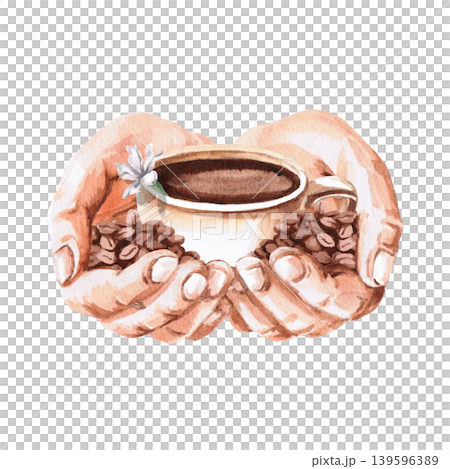 A watercolor illustration of human hands holding a coffee cup and beans. Perfect for cafe menus, packaging, coffee websites, and recipe illustrations. A watercolor illustration of human hands holding a coffee cup and beans. Perfect for cafe menus, packaging, coffee websites, and recipe illustrations. 139596389