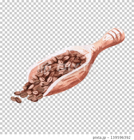 A watercolor illustration of a wooden spatula with coffee beans. The image conveys the naturalness of the product. Ideal for cafe menus, packaging, coffee websites, and recipe illustrations. A watercolor illustration of a wooden spatula with coffee beans. The image conveys the naturalness of the product. Ideal for cafe menus, packaging, coffee websites, and recipe illustrations. 139596392