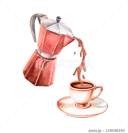A watercolor illustration of a geyser coffee maker pouring coffee into a cup. The image conveys the naturalness of the product. Ideal for cafe menus, packaging, coffee websites, recipe illustrations. A watercolor illustration of a geyser coffee maker pouring coffee into a cup. The image conveys the naturalness of the product. Ideal for cafe menus, packaging, coffee websites, recipe illustrations. 139596393