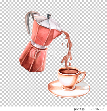 A watercolor illustration of a geyser coffee maker pouring coffee into a cup. The image conveys the naturalness of the product. Ideal for cafe menus, packaging, coffee websites, recipe illustrations. A watercolor illustration of a geyser coffee maker pouring coffee into a cup. The image conveys the naturalness of the product. Ideal for cafe menus, packaging, coffee websites, recipe illustrations. 139596393