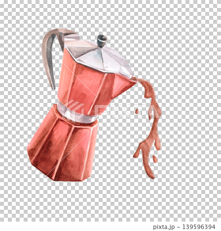A watercolor illustration of a geyser coffee maker pouring coffee. The image conveys the naturalness of the product. Ideal for cafe menus, packaging, coffee websites, and recipe illustrations. A watercolor illustration of a geyser coffee maker pouring coffee. The image conveys the naturalness of the product. Ideal for cafe menus, packaging, coffee websites, and recipe illustrations. 139596394