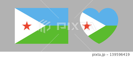 Flag of Djibouti icon, sticker, button. Set of Flag rectangle, heart badge, banner, symbol. National Djibouti heart, rectangular flag sign, background. 139596419