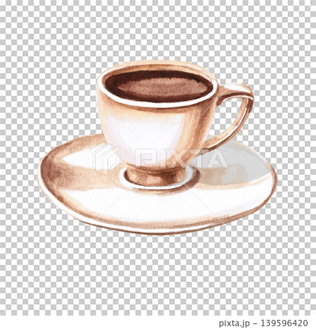 A watercolor illustration of a coffee cup and saucer. Warm tones convey a cozy atmosphere. Ideal for cafe and restaurant designs, menus, packaging, invitations, and food blogs. 139596420