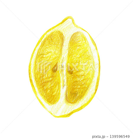 Hand drawn illustration with a half of yellow lemon. Yellow lemon on a white background for graphic design. Isolated colored pencil illustration on white background. Hand drawn illustration with a half of yellow lemon. Yellow lemon on a white background for graphic design. Isolated colored pencil illustration on white background. 139596549