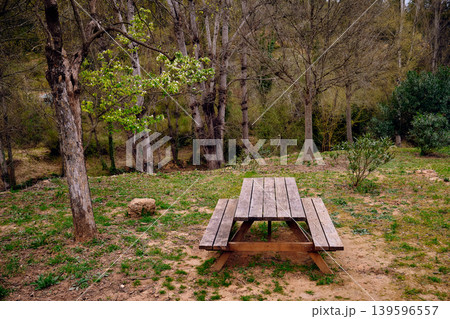 Outdoors picnic area wooden table Outdoors picnic area wooden table 139596557