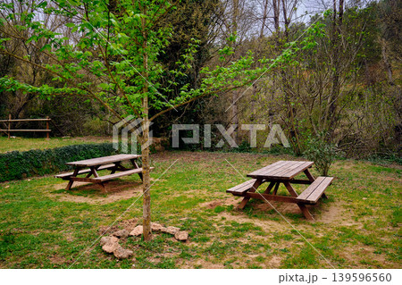 Outdoors picnic area wooden table 139596560