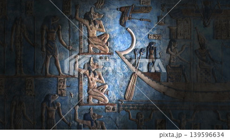 Hieroglyphic carvings and paintings on wall 139596634