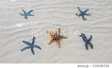 Starfish under water on sand beach 139596726