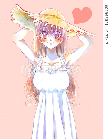 麦わら帽子を被ったロングヘアの女の子　押さえる　茶髪　笑顔　恋 139596909