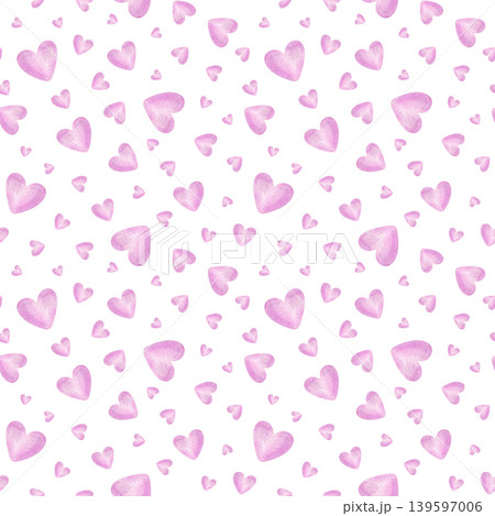 Pink heart pattern on isolated background. Watercolor illustration of small symbols of love. Seamless wallpaper design for Valentine day greeting card, gift wrapping paper and textile decor. Pink heart pattern on isolated background. Watercolor illustration of small symbols of love. Seamless wallpaper design for Valentine day greeting card, gift wrapping paper and textile decor. 139597006