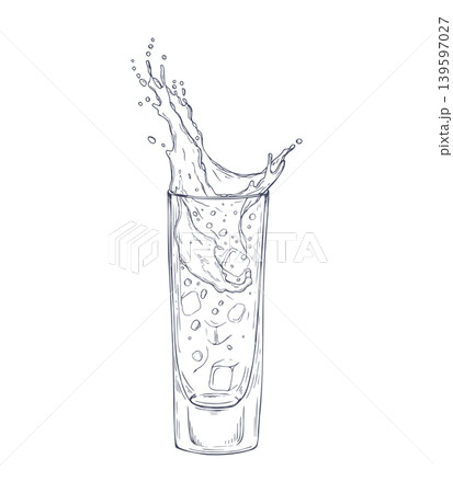 Glass of water with ice cube splashing down line art black ink sketch. Beverage illustration of liquid movement. Refreshing drink concept for menu design, graphic art, restaurant branding Glass of water with ice cube splashing down line art black ink sketch. Beverage illustration of liquid movement. Refreshing drink concept for menu design, graphic art, restaurant branding 139597027