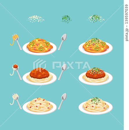 レトロ可愛いスパゲッティナポリタン、ミートソース、ペペロンチーノのイラストセット 粉チーズとパセリつ レトロ可愛いスパゲッティナポリタン、ミートソース、ペペロンチーノのイラストセット 粉チーズとパセリつ 139597039