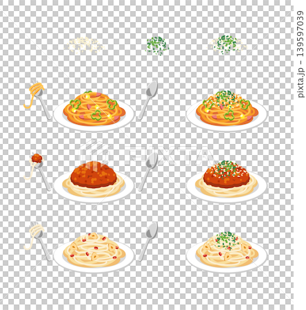 レトロ可愛いスパゲッティナポリタン、ミートソース、ペペロンチーノのイラストセット 粉チーズとパセリつ レトロ可愛いスパゲッティナポリタン、ミートソース、ペペロンチーノのイラストセット 粉チーズとパセリつ 139597039