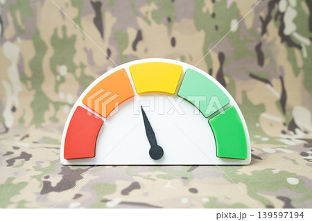 Efficiency scale against a military backdrop. Defense and security effectiveness assessment. Cybersecurity readiness, military strategy evaluation, war games and operational exercises. Efficiency scale against a military backdrop. Defense and security effectiveness assessment. Cybersecurity readiness, military strategy evaluation, war games and operational exercises. 139597194