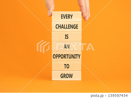 Challenge word symbol. Concept words Every challenge is an opportunity to grow on beautiful wooden blocks. Beautiful orange paper background. Business challenge is an opportunity concept. Copy space. Challenge word symbol. Concept words Every challenge is an opportunity to grow on beautiful wooden blocks. Beautiful orange paper background. Business challenge is an opportunity concept. Copy space. 139597434