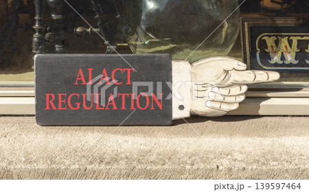 AI act regulation words symbol. Concept words AI artificial intelligence act regulation on beautiful black wooden sign. Beautiful shopfront background. Business AI act regulation concept. Copy space. 139597464